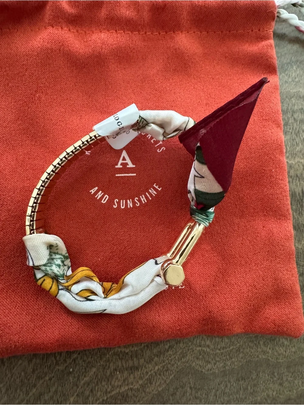 Anthropologie Printed Fabric Bracelet Wine Motif Gold Plated Stretch One Size